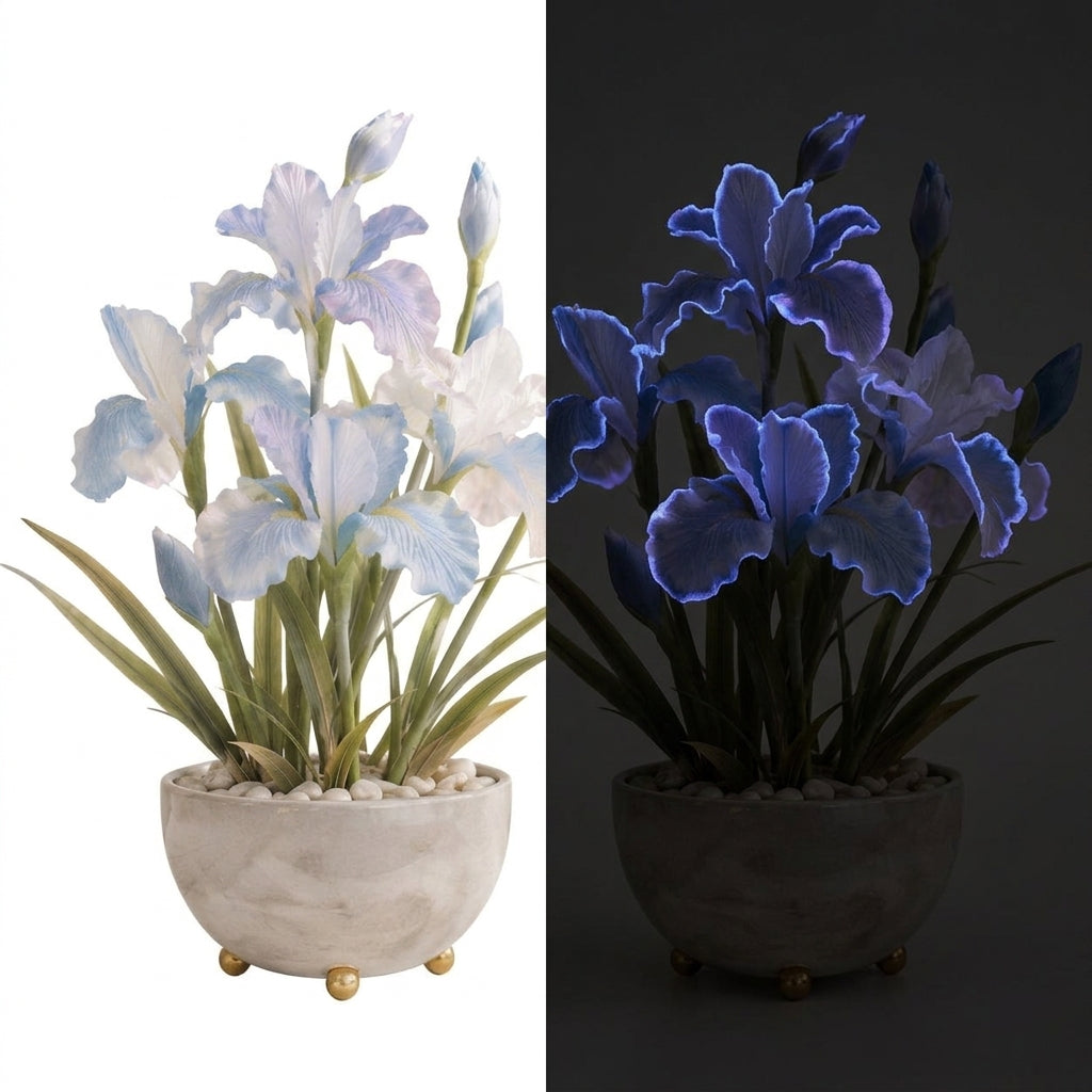 Qaircmel™ Moonlit Iris Everlasting Floral Ornament – Blue White Decorative Flower with Subtle Glow, Tabletop & Hanging Botanical Decor