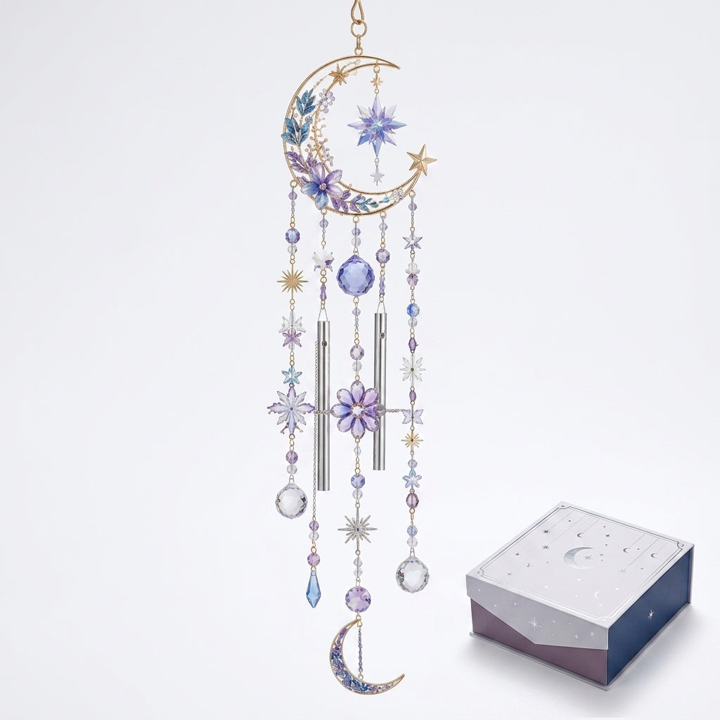 Qaircmel™ Celestial Garden Crystal Wind Chime – Moon Star Flower Hanging Decor with Blue Purple White Jewel-Inspired Accents