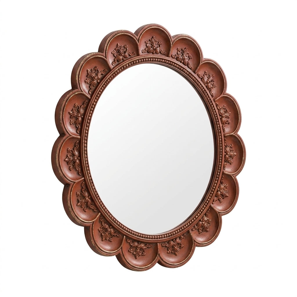 Qaircmel™ Aurelia Vintage Scalloped Round Mirror – 8 Inch Decorative Wall Mirror, Nordic Antique Accent Mirror for Bedroom Entryway Vanity