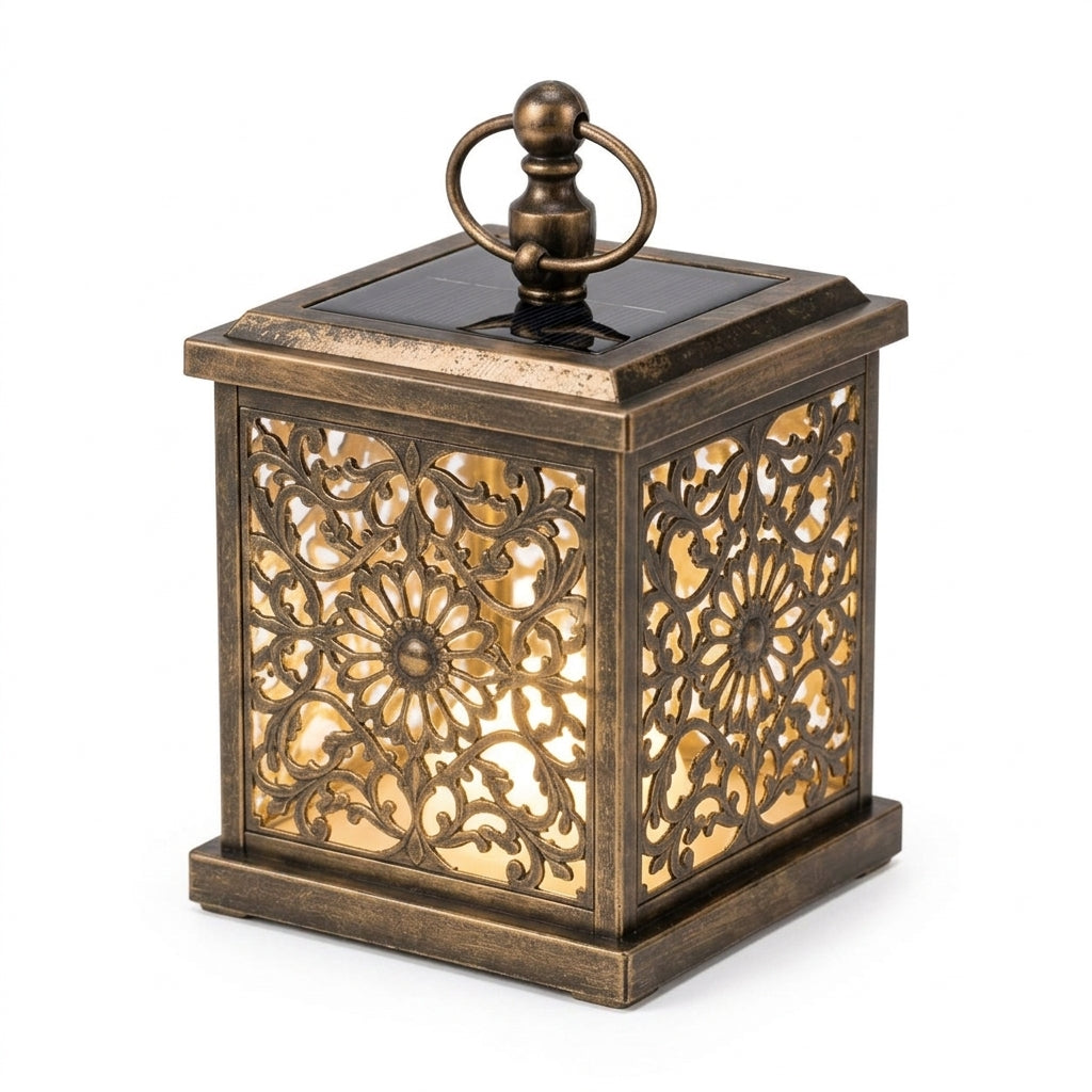Qaircmel™ Aurelia Carved Solar Lantern - 5.9 in Vintage Square Floral Cutout LED Patio and Garden Lantern