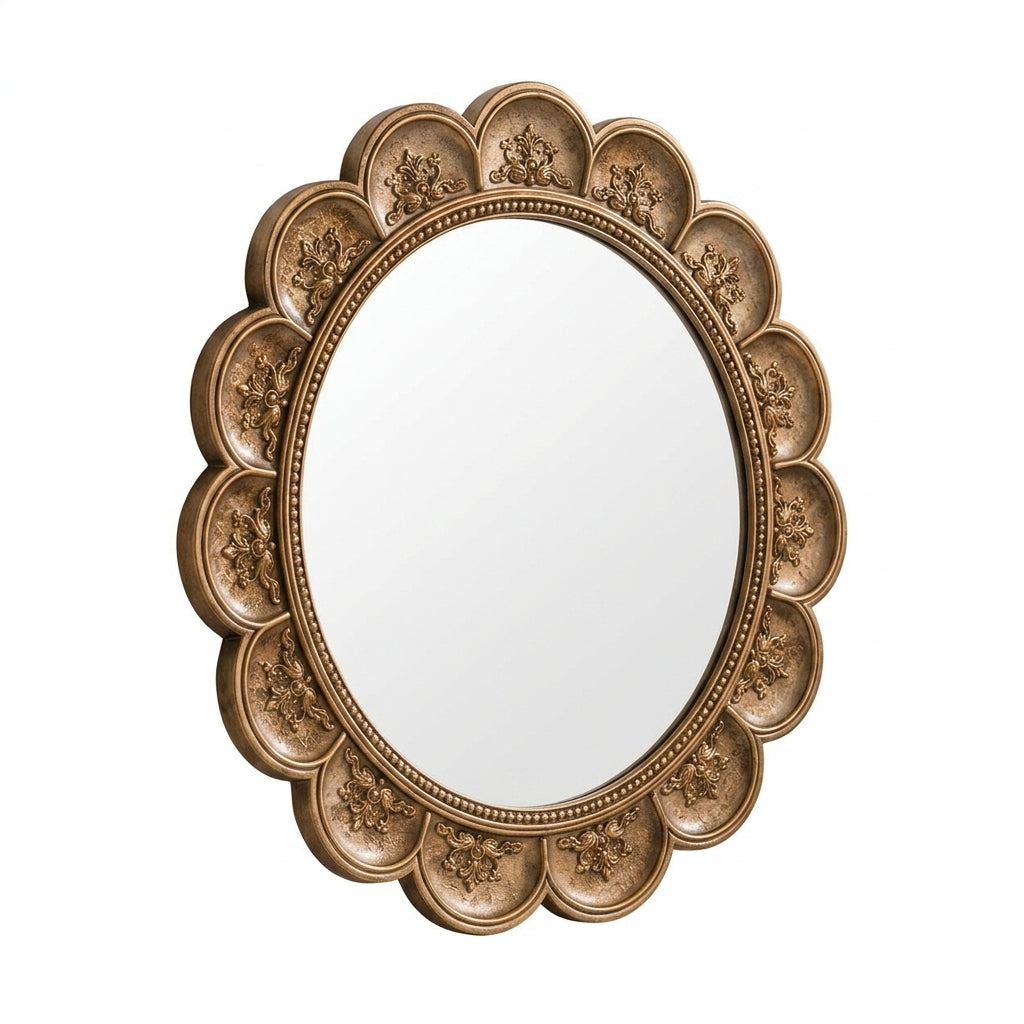 Qaircmel™ Aurelia Vintage Scalloped Round Mirror – 8 Inch Decorative Wall Mirror, Nordic Antique Accent Mirror for Bedroom Entryway Vanity