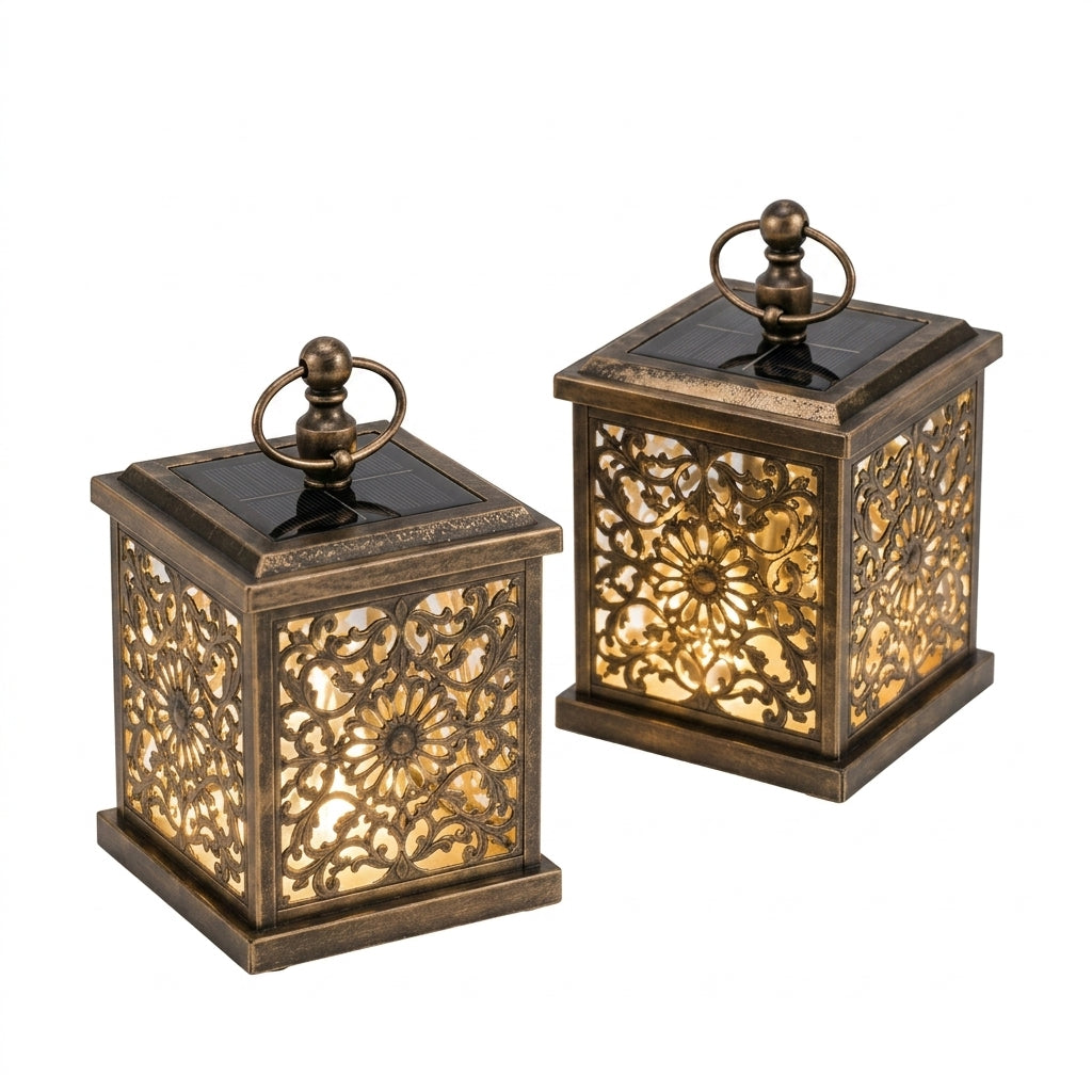 Qaircmel™ Aurelia Carved Solar Lantern - 5.9 in Vintage Square Floral Cutout LED Patio and Garden Lantern