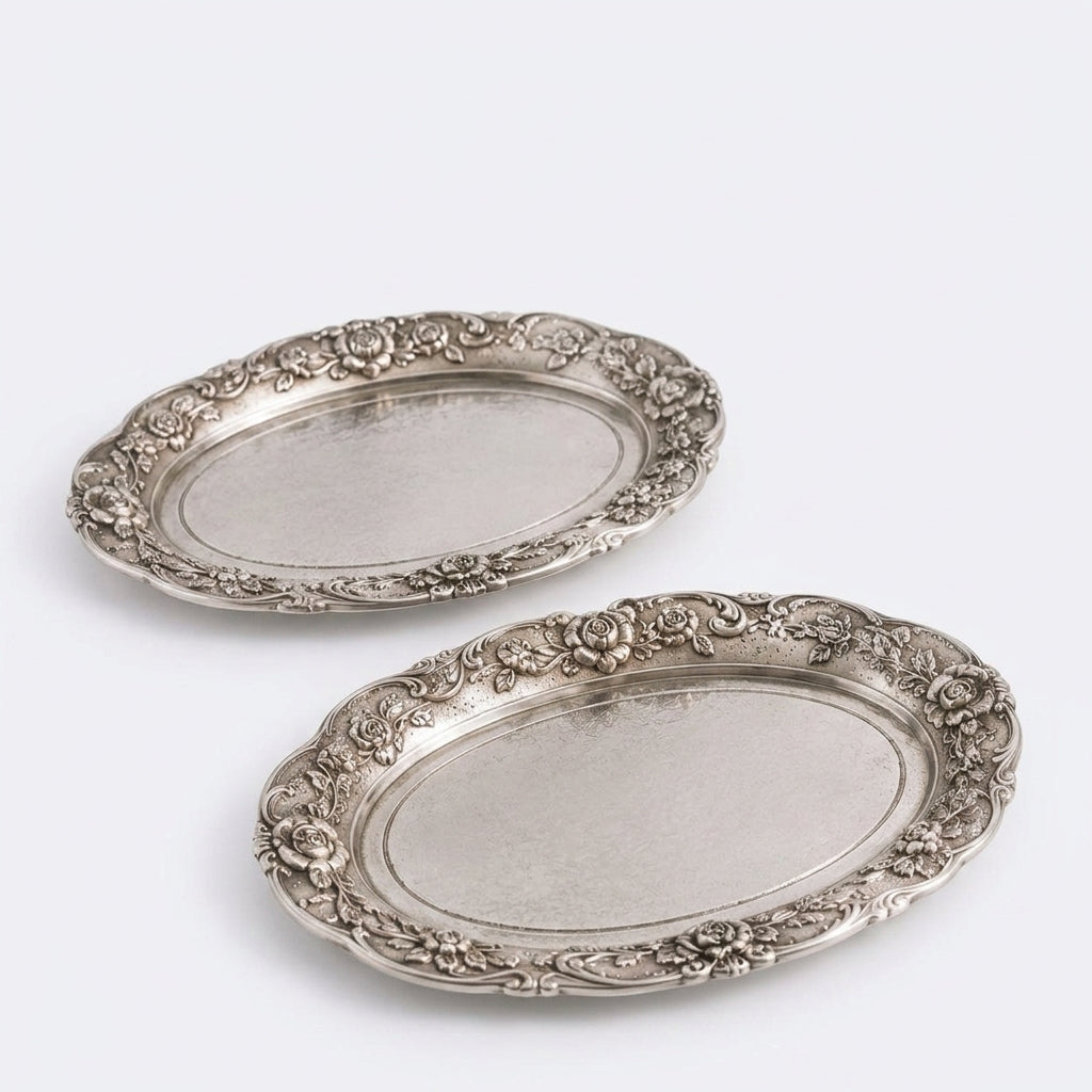 Qaircmel™ Victorian Rose Embossed Serving Trays - Set of 2 Antique Silver Metal Food and Decorative Trays